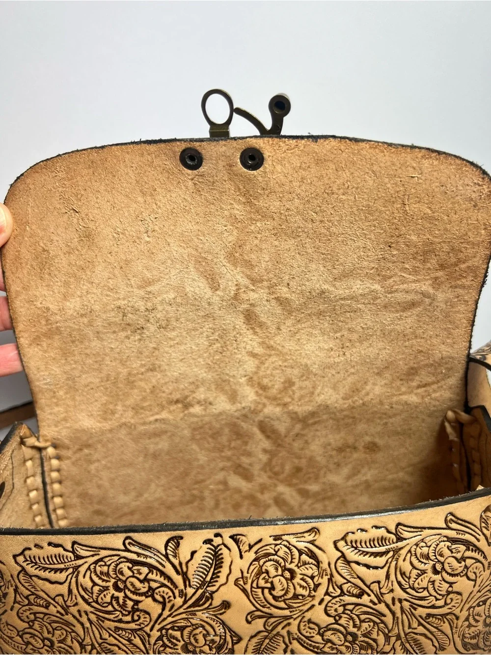 Tooled Leather Embossed Floral Saddle Bag Braided Handcrafted Western Boho